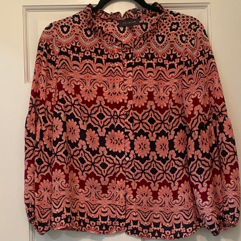 The Limited Red and Navy Blue Ornate Blouse